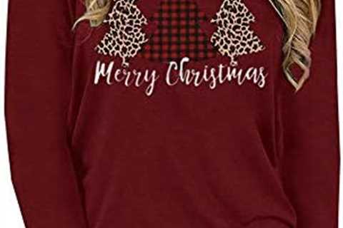 Hsdjfhe Women’s Merry Christmas Shirts Funny Leopard Plaid Tree Graphic Cute Long Sleeve Crewneck..