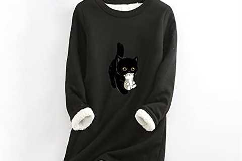 Lovely Cat Graphic Winter Shirts for Women Fleece Lined Long Sleeve Crewneck T-Shirts Casual Shirts ..