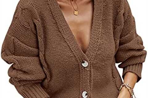 Angashion Women’s V Neck Button Down Long Sleeve Cable Knit Cardigan Sweaters Outerwear Tops