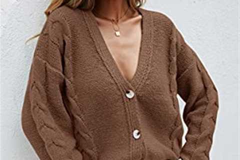 Angashion Women’s V Neck Button Down Long Sleeve Cable Knit Cardigan Sweaters Outerwear Tops