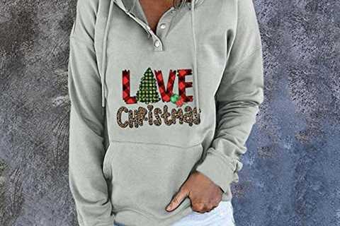 Women Button V Neck Christmas Sweatshirt Hooded Love Christmas Long Sleeve Hoodies Casual Fall..