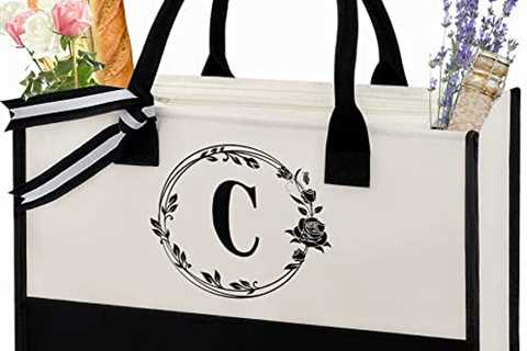 Ocebay Personalized Customized Initial Tote Bag with Top Zipper Pocket, Canvas Monogram Gift Bags..