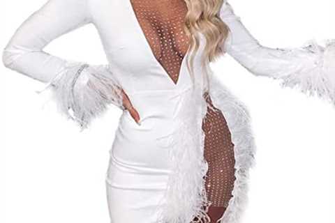 Nhicdns Women Sexy Club Dress Long Sleeve Deep V Neck Party Mini Dresses Feather Sequin Bodysuit