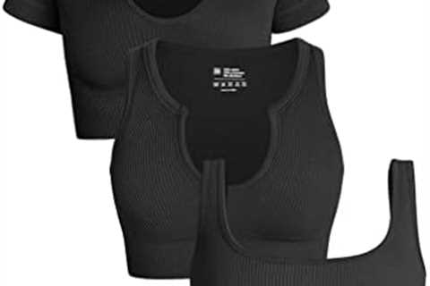 GXIN Women’s Seamless Ribbed Workout 3 Piece Sets Yoga Short Sleeve Tops + Sexy Sport Bra + Gym..