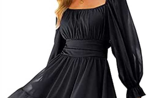 EXLURA Women Tie Back Summer Dresses Long Lantern Sleeve Square Neck Ruffle Elastic Waist Aline..