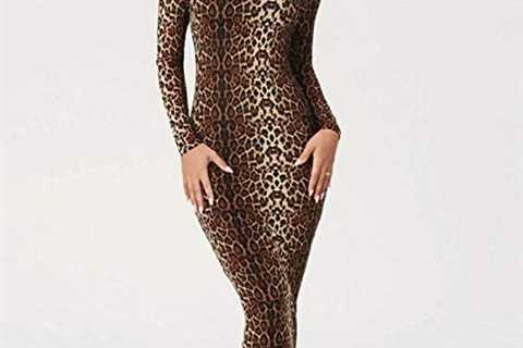 LuFeng Women’s Long Sleeve High Neck Tigerskin Snakeskin Leopard Print Midi Bodycon Dress Party..