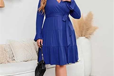 KOJOOIN Women Plus Size V Neck Wrap Dress High Waist Ruffle Long Sleeve Casual Midi Dress with Belt