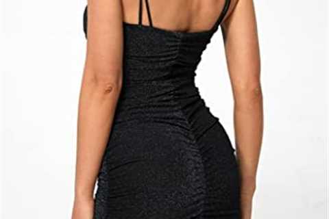 NauLon Women’s Sexy Glitter Spaghetti Strap Ruched Bodycon Dresses Slim Fit Party Mini Dress