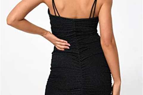 NauLon Women’s Sexy Glitter Spaghetti Strap Ruched Bodycon Dresses Slim Fit Party Mini Dress