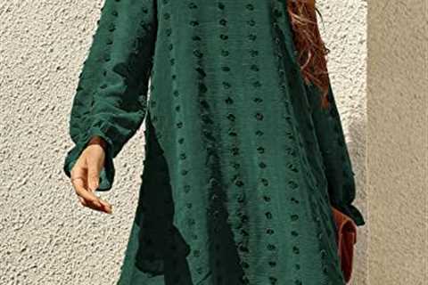 FAMITION Womens Dress Swiss Dot Dress Long Sleeve Flowy Dress Chiffon Casual Mini Dress