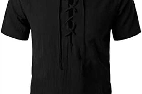 ATRYONE Mens Casual Cotton Lace Up T-Shirts Short Sleeve Retro V-Neck Hoodie Tee