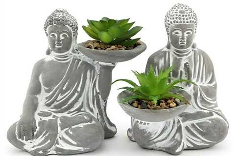 Cement Buddha with Faux Succulent x 2