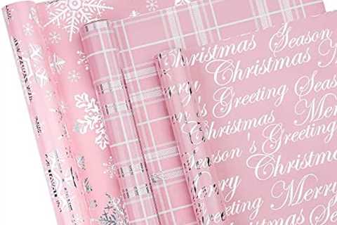 WRAPAHOLIC Christmas Wrapping Paper Roll – Mini Roll – Pink with Silver Metallic Foil Snowflake,..