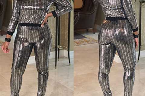 Women’s Sequin Glitter Long Sleeve Sweatshirts and Skinny Long Pants Two Piece Outfits