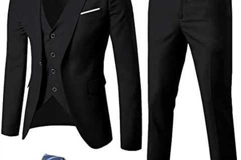 MYS Men’s 3 Piece Slim Fit Suit Set, One Button Solid Jacket Vest Pants with Tie