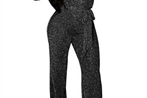 Women’s Sexy Sparkly Jumpsuits Clubwear One Piece Deep V Neck Long Sleeve Pants with Belt