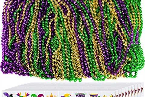 108 Pcs Mardi Gras Beads Gold Green Purple Metallic Beaded Necklaces with 240 Pcs Temporary Tattoos ..