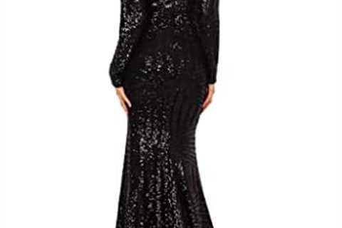 Women’s Long Sleeves Sequin Prom Dresses V Neck Mermaid Glitter Formal Gown Side Split Evening Dress