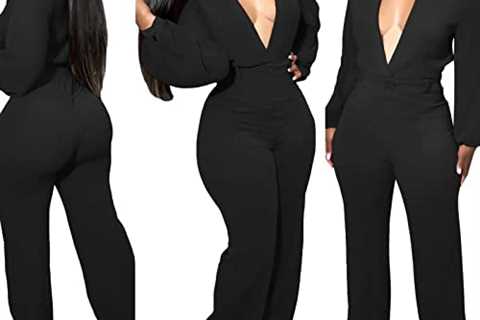 Rodawu Women’s Sexy Casual Deep V Neck Long Sleeve Bodycon Jumpsuit Rompers Wide Leg Long Pants One ..