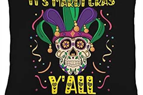 Mardi Gras Gifts & Beads Y’all, Colorful Skull, Mardi Gras Costume Throw Pillow, 16×16, Multicolor