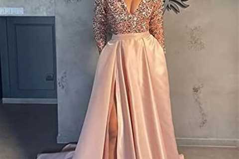 Sparkly Sequins Prom Dresses Ball Gown Split V Neck Long Sleeve Formal Dress for Women Evening..