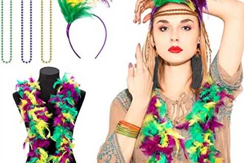 5 Pcs Mardi Gras Accessories Include Mardi Gras Beads Necklace, 6 Feet Feather Boa and Feathers..