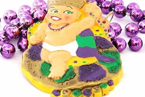 Baby King Cake Mardi Gras Bead Necklace New Orleans French Quarter Crown purple green gold