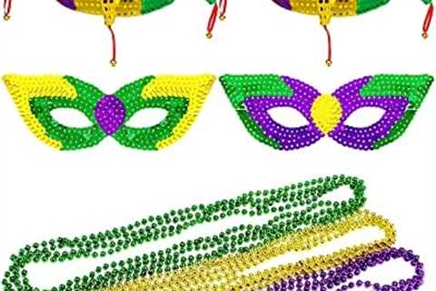 16 Pcs Mardi Gras Party Costume Includes 2 Funny Jester Clown Hat, 12 Multicolored Beads Necklaces..