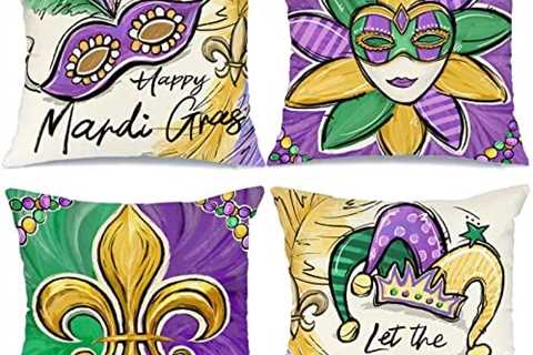 GEEORY Mardi Gras Pillow Covers 18 x 18 Set of 4 for Beads Masquerade Mask Fleur De Lis Feather..