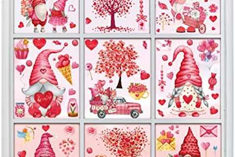 Whaline 9 Sheets Valentine’s Day Window Clings Pink Love Gnomes Heart Tree Prints Window Decals..