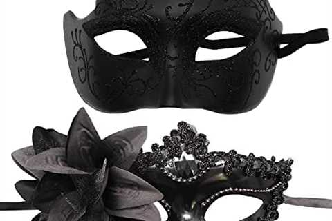 2 Pack Masquerade Mask for Couples Venetian Halloween Costume Party Decor, Black Flower Fashion..