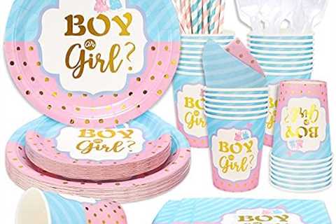 200PCS Baby Gender Reveal Party Supplies for 25 Guests Blue and Pink Gender Reveal Party Plates..