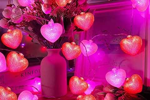 TURNMEON Valentine’s Day Glitter Heart Lights Decorations, 10 Ft 20 LED 3D Red Pink Hearts String..