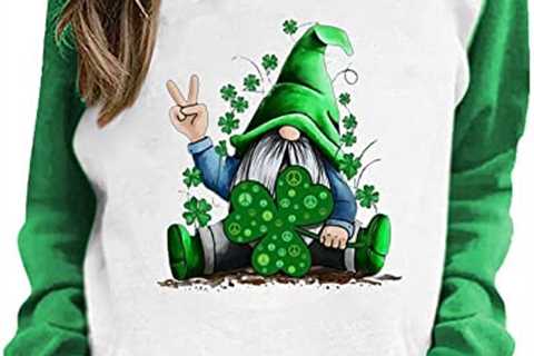 Nskgu St.Patrick’s Day Sweatshirt Womens Funny Green Gnomes Clover Printed Graphic Pullover Tops..