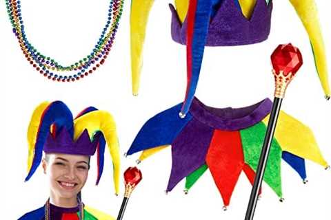 8 Pcs Mardi Gras Jester Costume Jester Hat Jester Clown Costume Include Clown Hat and Collar Wand..