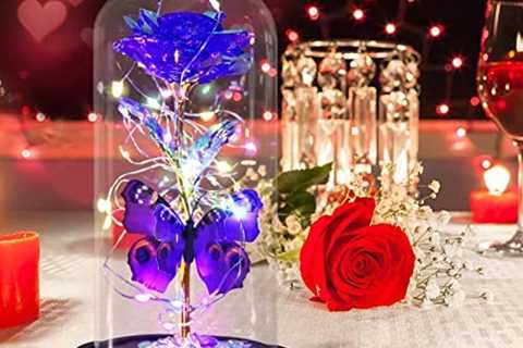 Greenke Valentines Day Rose Gifts for Her, Galaxy Purple Butterfly Rose in Glass Dome, Light Up..