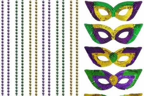 Bnikion Mardi Gras Beads Masks, 6 Mardi Gras Beads Necklaces and 6 Sequin Mardi Gras Masks for..