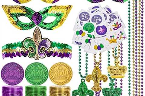 Whaline 157Pcs Mardi Gras Party Favors Set Mardi Gras Beads Necklace Masks Temporary Tattoos..