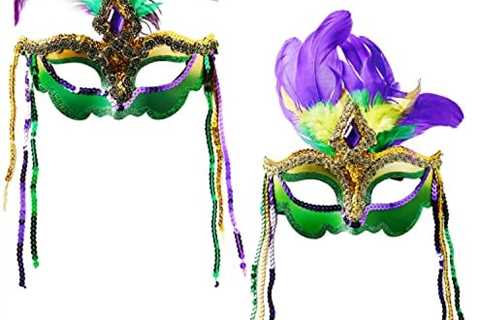 CHOIEO 2 Pcs Mardi Gras Masks w. Feathers, Masquerade Mask Mardi Gras Costume Party Supplies Party..