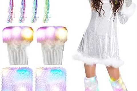 Zhanmai Mardi Gras 8 Pcs Light up Clothing Accessories Include 2 Led Fuzzy Fur Leg Warmers 2 Fuzzy..