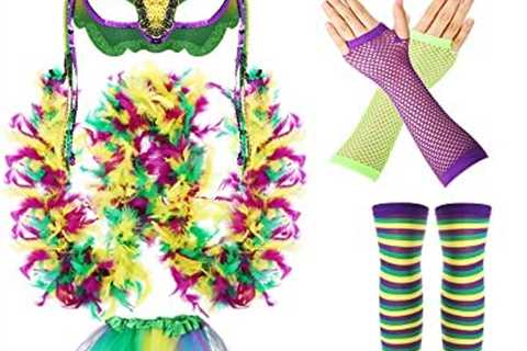 9 Pcs Mardi Gras Costume Accessories for Women, Include Tutu Skirt, Feather Half Mask, Mardi Gras..