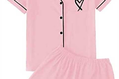 LYANER Women’s Pajamas Set Heart Print Button Short Sleeve Shirt with Shorts Sleepwear PJs Set