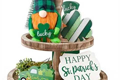 St Patricks Day Tiered Tray Decor, St Patricks Day Decorations Set with Gnomes Plush & 3 Wooden..