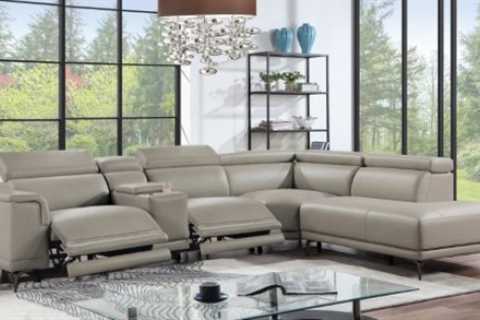 FOA6476LG-SECT-J 5 pc Limwurst taupe faux leather sectional sofa with power motion recliners..